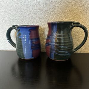Set Of Two Artisan Handmade Pottery Mugs Red Green Blue Uneven